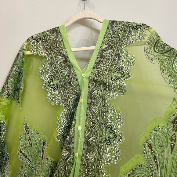 Green Sheer Kimono Kraften Paisley Design Fringe Sparkle Free Size Fairy - Picture 4 of 7